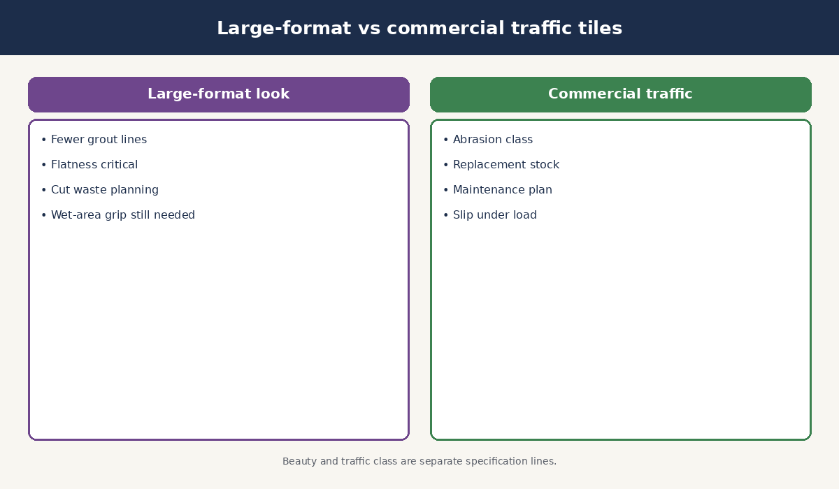 Comparison of large-format tile considerations versus commercial high-traffic tile requirements